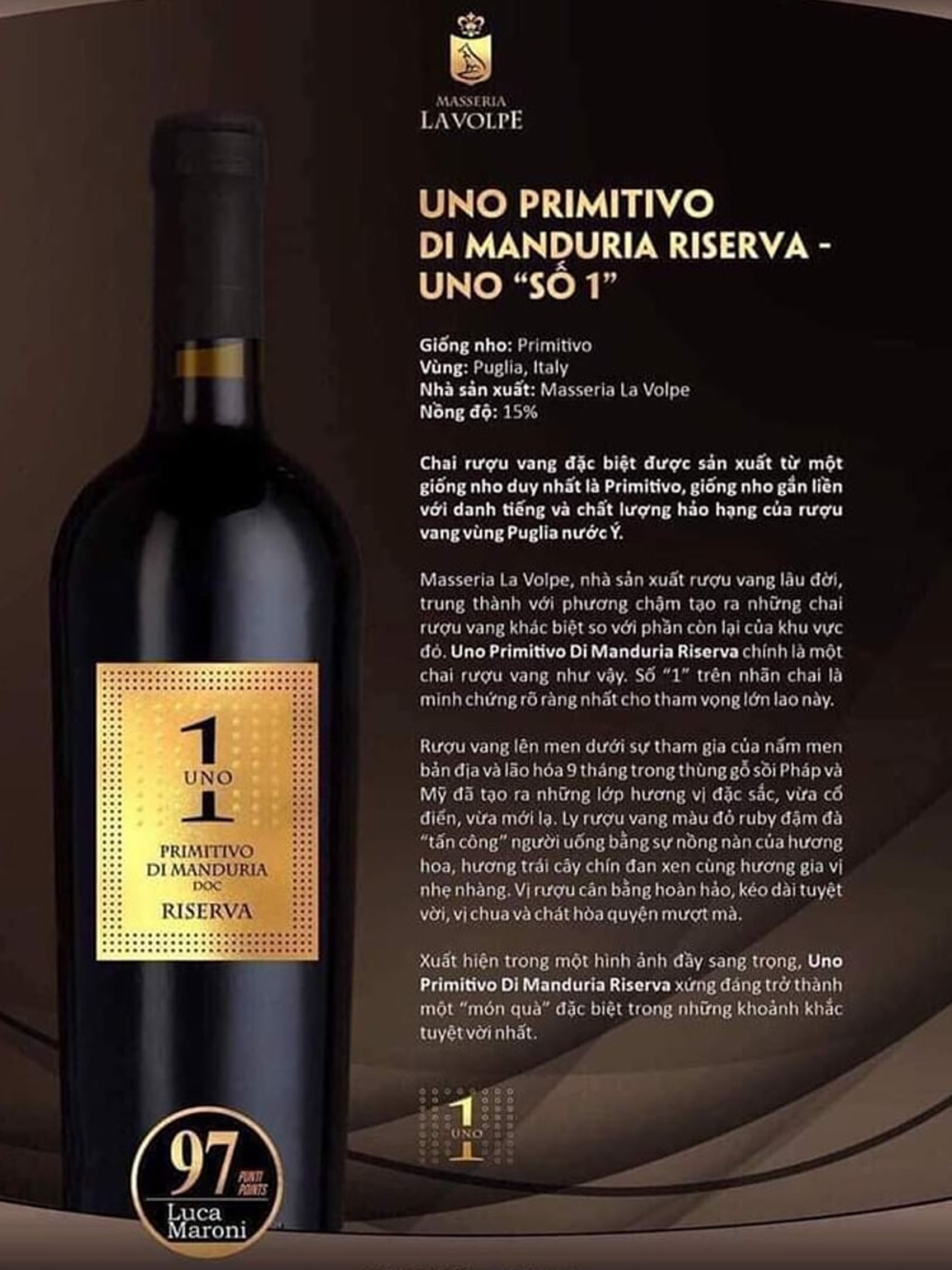 rượu vang uno 1 primitivo di manduria riserva